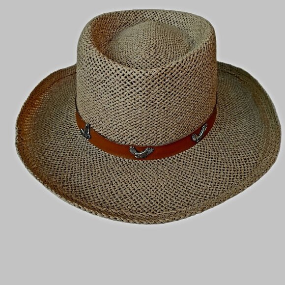 Coastal Cowgirl Hat Belt Sliver Eagle Details Summer Straw Head Diameter Size 22 - Picture 3 of 13